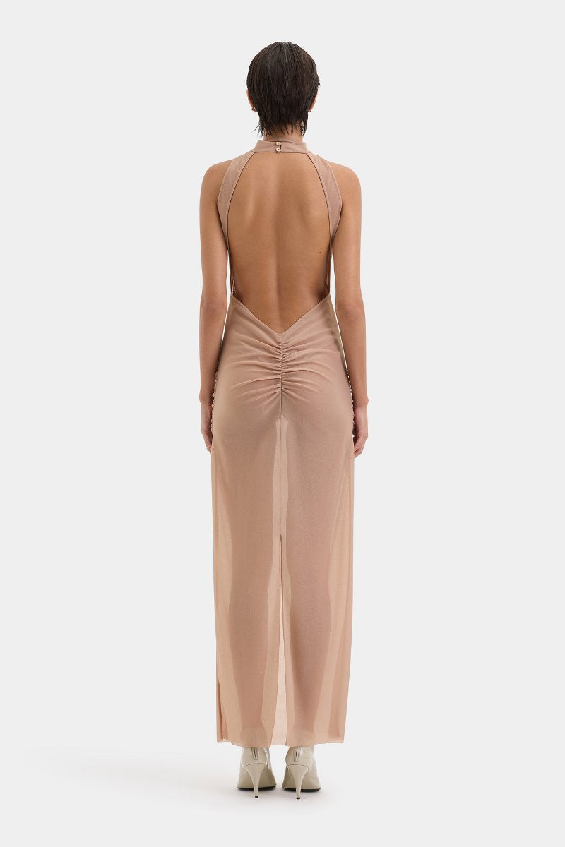 RUBY OPEN BACK GOWN-LIGHT TAN Midi Dress SIR.
