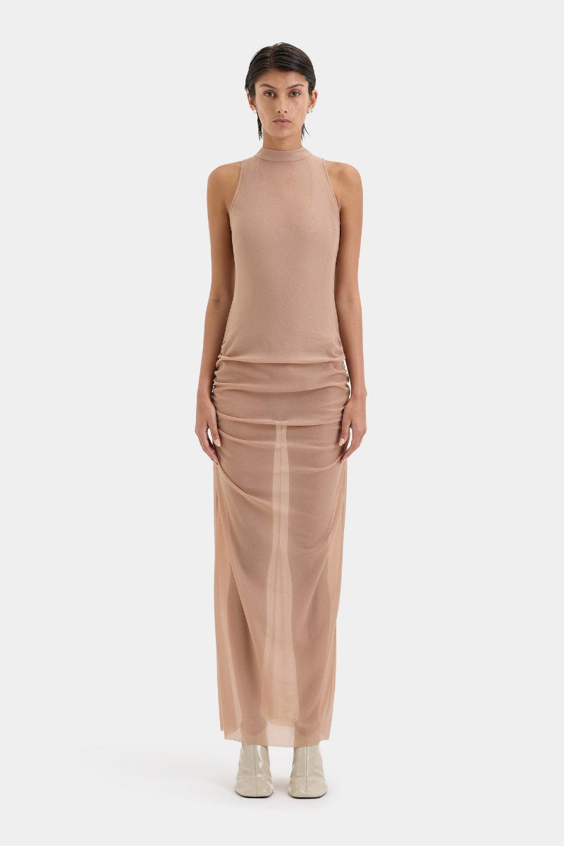 RUBY OPEN BACK GOWN-LIGHT TAN Midi Dress SIR. 