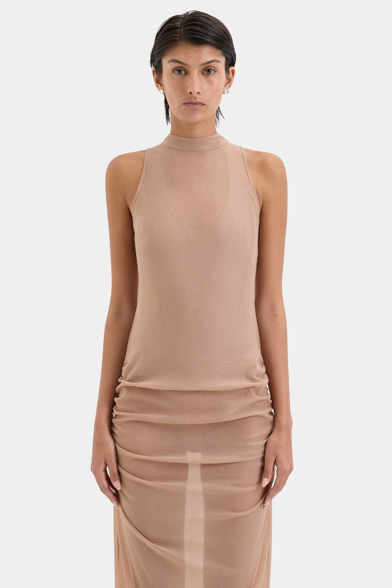 RUBY OPEN BACK GOWN-LIGHT TAN Midi Dress SIR. 