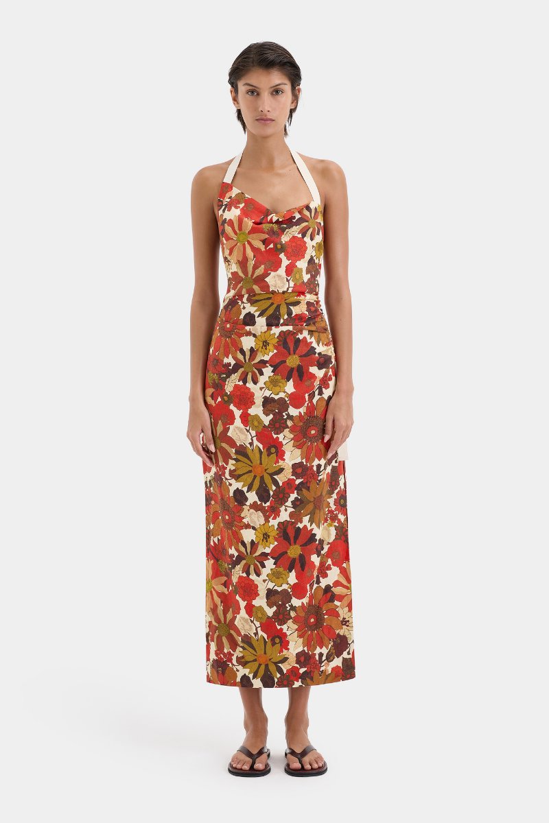 CASTELLA GATHERED MIDI DRESS-FLORA ROSSO Midi Dress SIR. 