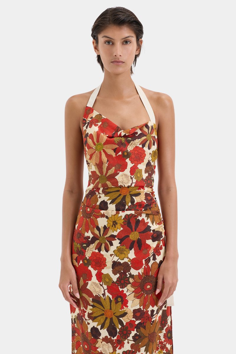 CASTELLA GATHERED MIDI DRESS-FLORA ROSSO Midi Dress SIR. 