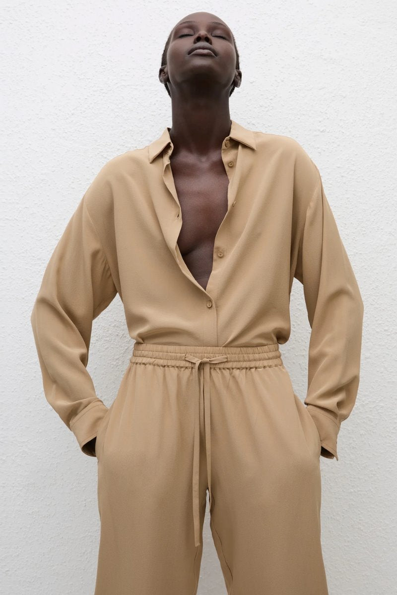 LONG SLEEVE SILK SHIRT-STONE Tops Matteau 