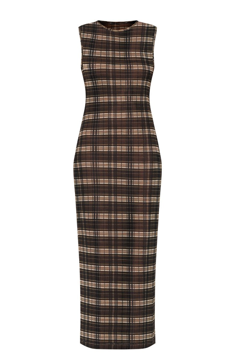SILK MESH MAXI DRESS-BROWN CHECK Maxi Dress Wynn Hamlyn 