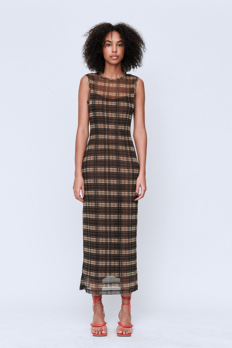 SILK MESH MAXI DRESS-BROWN CHECK Maxi Dress Wynn Hamlyn 