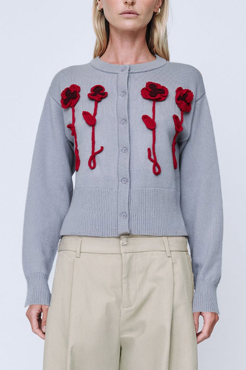 PANSY FLOWER CARDIGAN-GREY Knitwear Wynn Hamlyn 
