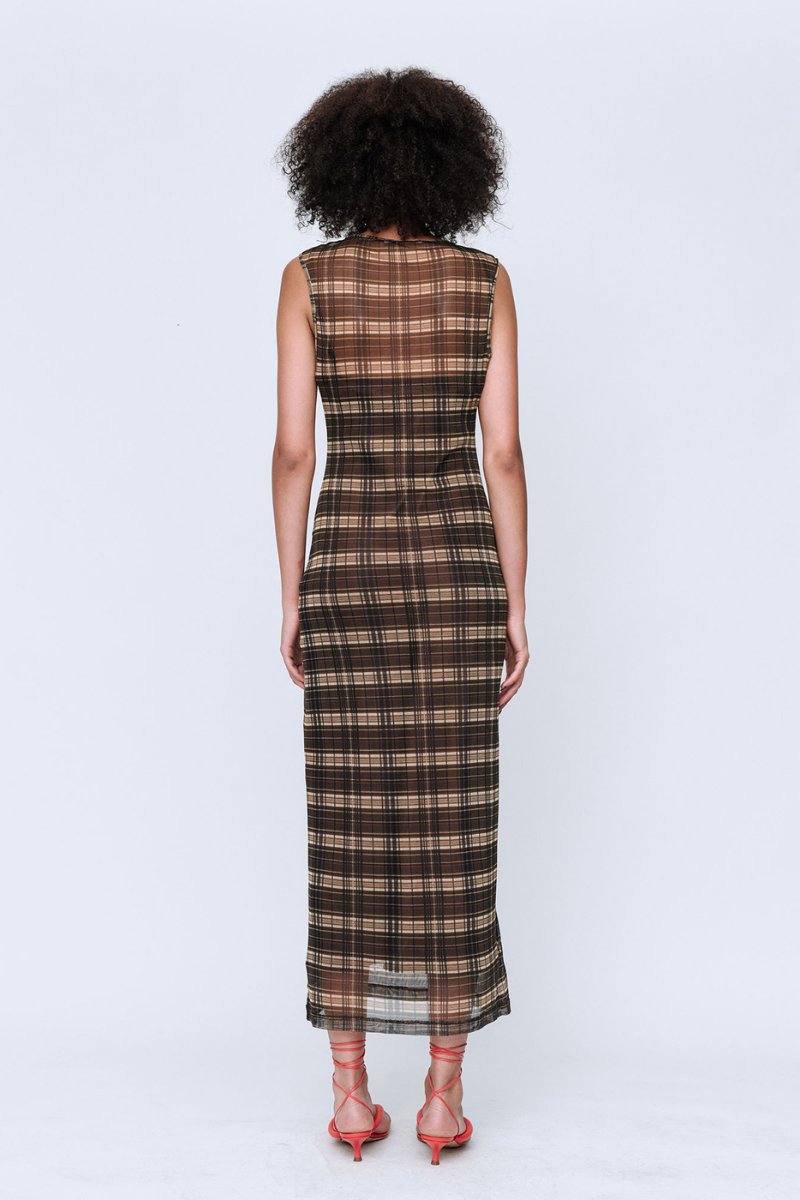SILK MESH MAXI DRESS-BROWN CHECK Maxi Dress Wynn Hamlyn 