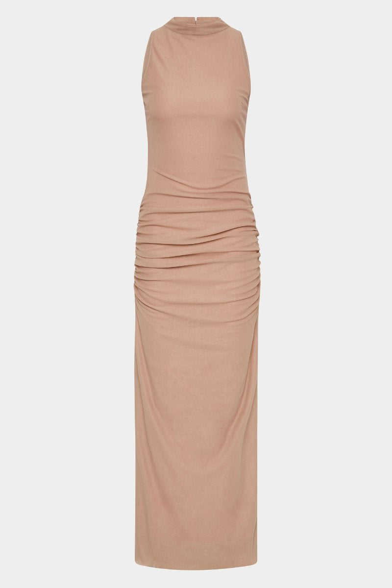 RUBY OPEN BACK GOWN-LIGHT TAN Midi Dress SIR. 