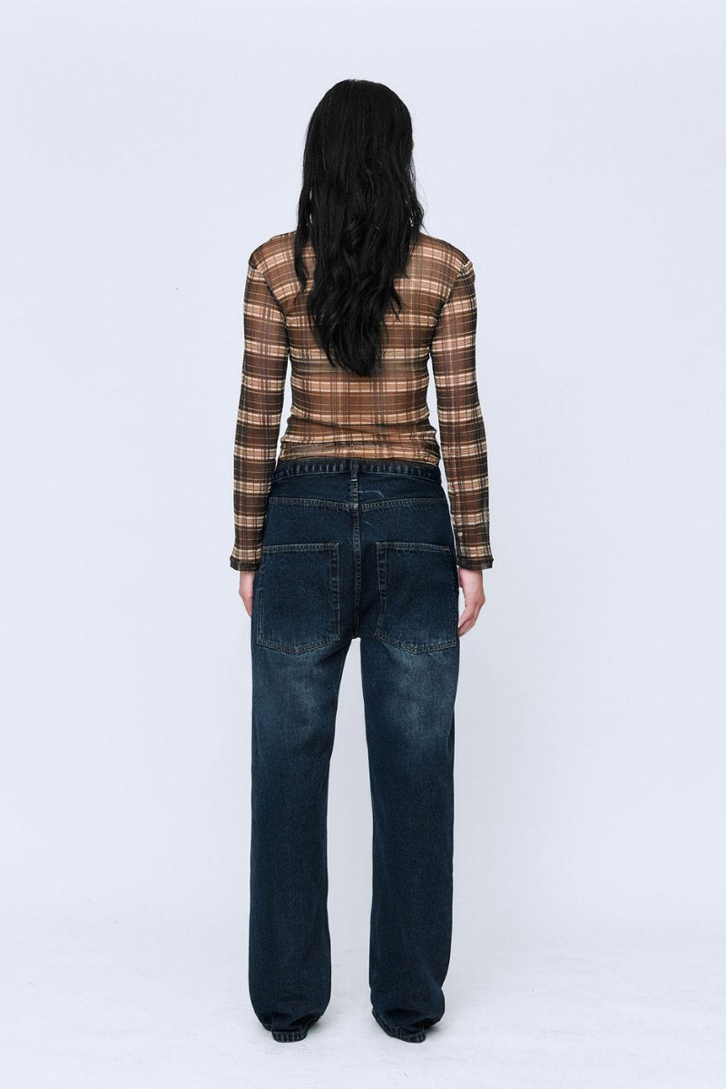 SILK MESH LONG SLEEVE TOP-BROWN CHECK Tops Wynn Hamlyn 