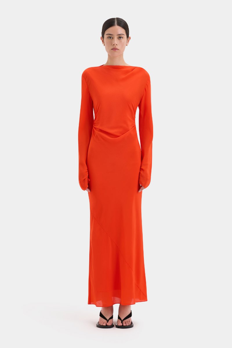 FRESCA GATHERED MIDI DRESS-TANGERINE Midi Dress SIR. 