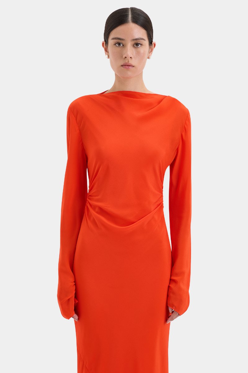 FRESCA GATHERED MIDI DRESS-TANGERINE Midi Dress SIR. 