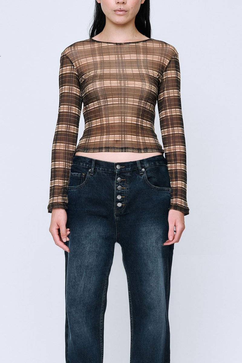 SILK MESH LONG SLEEVE TOP-BROWN CHECK Tops Wynn Hamlyn 