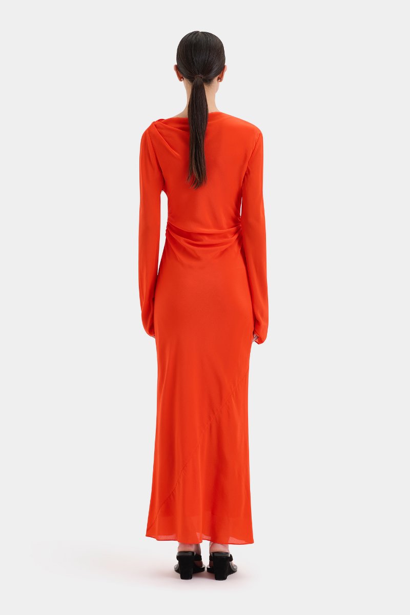 FRESCA GATHERED MIDI DRESS-TANGERINE Midi Dress SIR. 